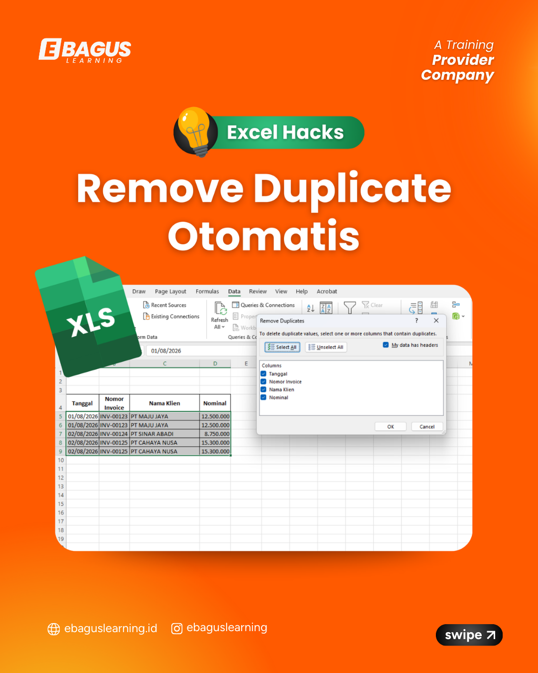 Tutorial Microsoft Excel Remove Duplicates untuk menghapus data ganda secara otomatis pada tabel invoice menggunakan fitur Remove Duplicates.
