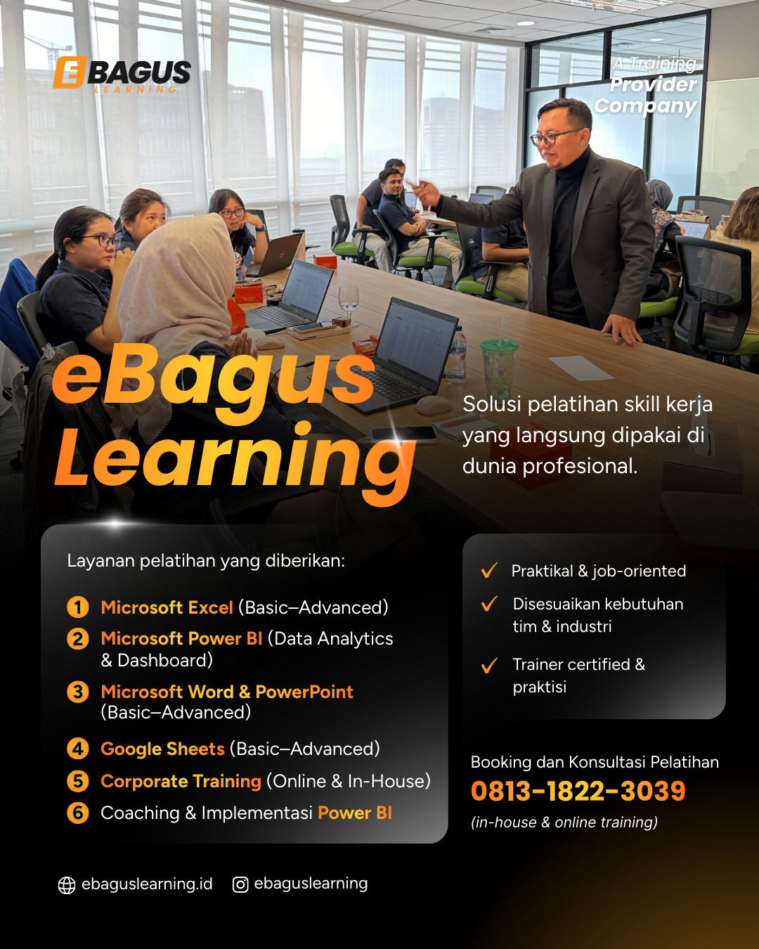 Corporate Training Indonesia Pelatihan corporate training eBagus Learning dengan sesi kelas interaktif mengenai Microsoft Excel, Power BI, dan digital skills untuk meningkatkan kompetensi karyawan.