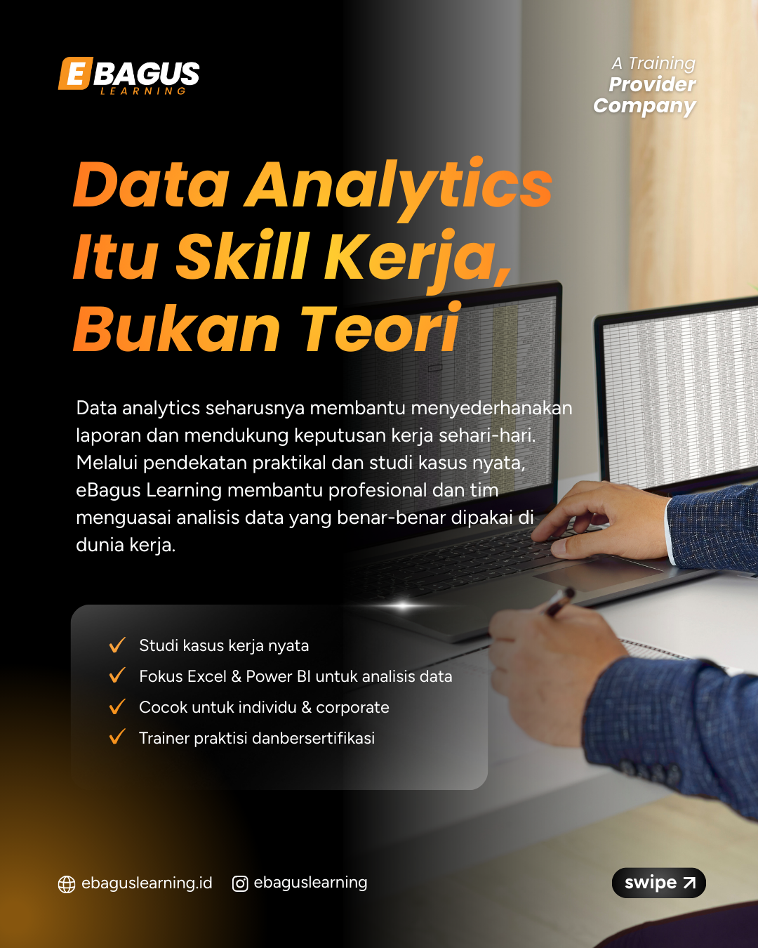 Pelatihan Data Analytics_1 Pelatihan Data Analytics eBagus Learning menggunakan Microsoft Excel dan Power BI untuk meningkatkan kemampuan analisis data dan produktivitas kerja perusahaan.