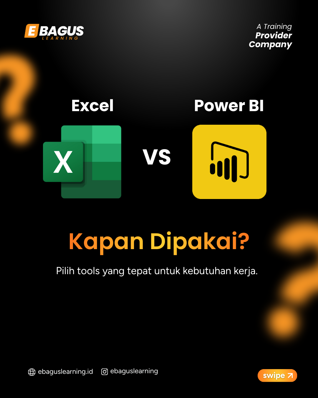 Perbandingan Microsoft Excel dan Microsoft Power BI untuk pengolahan data, dashboard bisnis, dan pelatihan corporate training di eBagus Learning.