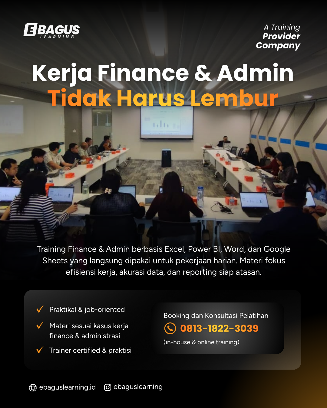 Pelatihan Finance dan Admin Pelatihan Finance dan Admin berbasis Excel, Power BI, Word, dan Google Sheets untuk meningkatkan efisiensi kerja.